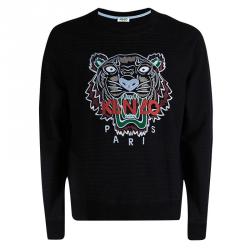 Pre Owned Kenzo Black Striped Knit Embroidered Tiger Motif Sweatshirt XXL