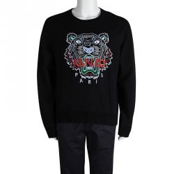 Pre Owned Kenzo Black Striped Knit Embroidered Tiger Motif Sweatshirt XXL
