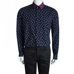 Pre Owned Kenzo Navy Blue Contrast Collar Printed Button Down Shirt XL