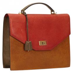 Lancel Bi Color Lizard Embossed Leather Attache Briefcase