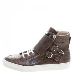 Le Silla Brown Python Embossed Leather High Top Sneakers Size 44