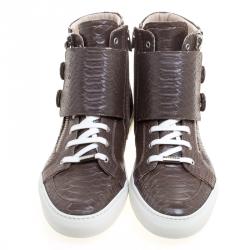 Le Silla Brown Python Embossed Leather High Top Sneakers Size 44