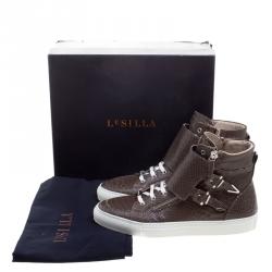 Le Silla Brown Python Embossed Leather High Top Sneakers Size 43