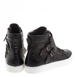 Le Silla Black Python Embossed Leather High Top Sneakers Size 41.5