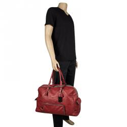 Longchamp Red Embossed Leather Travel Satchel
