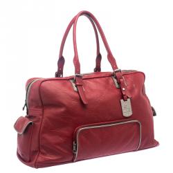 Longchamp Red Embossed Leather Travel Satchel