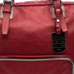 Longchamp Red Embossed Leather Travel Satchel