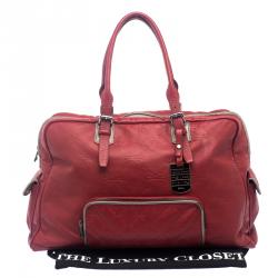 Longchamp Red Embossed Leather Travel Satchel