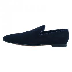 Pre Owned Louis Vuitton Navy Blue Suede Logo Smoking Slippers Size 42.5
