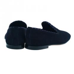 Pre Owned Louis Vuitton Navy Blue Suede Logo Smoking Slippers Size 42.5