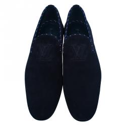 Pre Owned Louis Vuitton Navy Blue Suede Logo Smoking Slippers Size 42.5