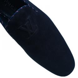 Pre Owned Louis Vuitton Navy Blue Suede Logo Smoking Slippers Size 42.5