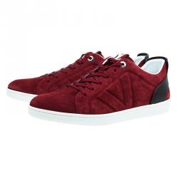 مملوكة مسبقًا Louis Vuitton Red Suede Logo Lace Up Sneakers Size 43.5
