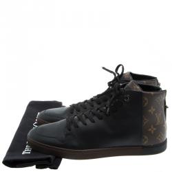 مملوكة مسبقًا حذاء رياضي لوي فيتون لاين آب جلد أسود وكانفاس مونوغرامي رقبة مرتفعة مقاس 42