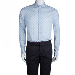 LOUIS VUITTON Size L Light Blue Leaf Print Cotton Button Up Long Sleeve  Shirt
