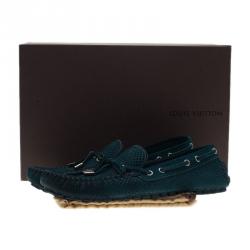 Pre Owned Louis Vuitton Green Petit Damier Suede Navajo Loafers Size 42