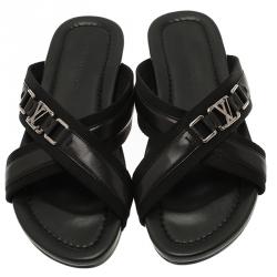 Pre Owned Louis Vuitton Black Leather Criss-Cross Sandals Size 43