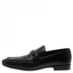Pre Owned Louis Vuitton Black Leather Logo Loafers Size 42