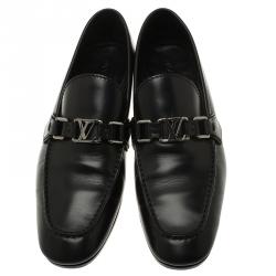Pre Owned Louis Vuitton Black Leather Logo Loafers Size 42