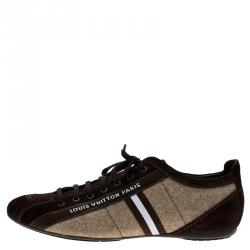 Pre Owned حذاء رياضي لوي فيتون برباط شبكة وسويدي بني مقاس 42.5