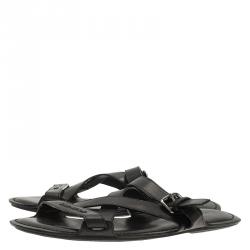 Pre Owned Louis Vuitton Black Leather Criss Cross Flat Sandals Size 42.5