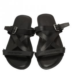 Pre Owned Louis Vuitton Black Leather Criss Cross Flat Sandals Size 42.5