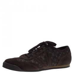 Louis Vuitton Brown Mini Lin Monogram Canvas and Suede Sneakers Size 43