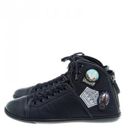 Pre Owned Louis Vuitton Dark Blue Fabric and Leather V Gaston High Top Sneakers Size 42