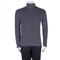 Pre Owned Maison Martin Margiela Navy Blue and White Striped Knit Turtle Neck T-Shirt M