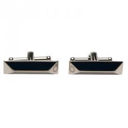Pre Owned Montblanc Iconic Lines Black & Blue Lacquer Bar Steel Cufflinks