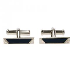 Pre Owned Montblanc Iconic Lines Navy Blue & Black Lacquer Steel Bar Cufflinks