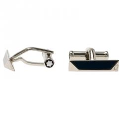 Pre Owned Montblanc Iconic Lines Navy Blue & Black Lacquer Steel Bar Cufflinks