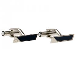 Pre Owned Montblanc Iconic Lines Navy Blue & Black Lacquer Steel Bar Cufflinks