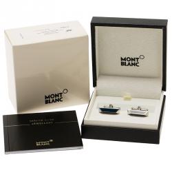 Pre Owned Montblanc Iconic Lines Navy Blue & Black Lacquer Steel Bar Cufflinks