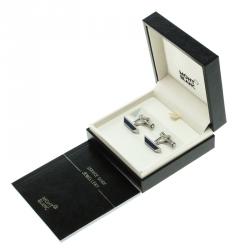 Pre Owned Montblanc Iconic Lines Blue & Black Lacquer Steel Bar Cufflinks