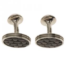 Pre Owned Montblanc Monograin Black Leather Inlay Steel Cufflinks