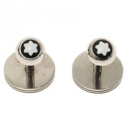 Pre Owned Montblanc Monograin Black Leather Inlay Steel Cufflinks