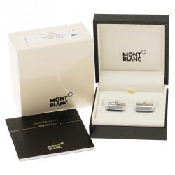 Pre Owned Montblanc Iconic Blue and Black Lacquer Steel Bar Cufflinks