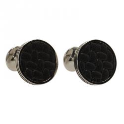 Pre Owned Montblanc Monograin Brown Leather Inlay Steel Cufflinks