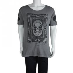 Pre Owned Philipp Plein Grey Skull Print Embellished T-Shirt L