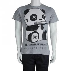 Pre Owned Philipp Plein Grey Embellished Terrorist Panda Print T-Shirt L