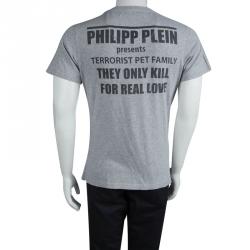 Pre Owned Philipp Plein Grey Embellished Terrorist Panda Print T-Shirt L