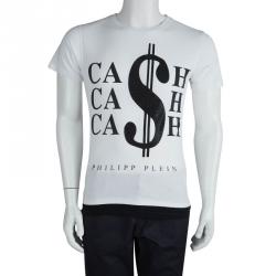 Pre Owned Philipp Plein White Embellished Cash Print Crew Neck T-Shirt L