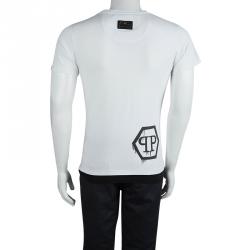 Pre Owned Philipp Plein White Embellished Cash Print Crew Neck T-Shirt L