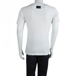 Pre Owned Philipp Plein White Embellished Black Money V-Neck T-Shirt L