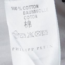 Pre Owned Philipp Plein White Embellished Black Money V-Neck T-Shirt L