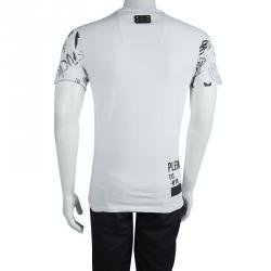 Pre Owned Philipp Plein White Embellished Skull Print Crew Neck T-Shirt L