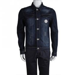 Pre Owned Philipp Plein Indigo Distressed Denim Embellished Skull Motif Johnny's Jacket L
