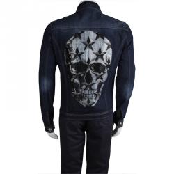 Pre Owned Philipp Plein Indigo Distressed Denim Embellished Skull Motif Johnny's Jacket L