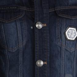 Pre Owned Philipp Plein Indigo Distressed Denim Embellished Skull Motif Johnny's Jacket L